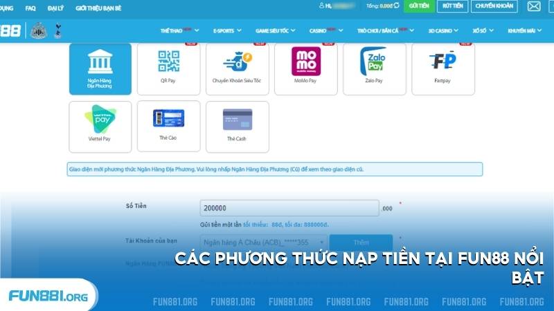 Các phương thức nạp tiền nổi bật tại Fun88