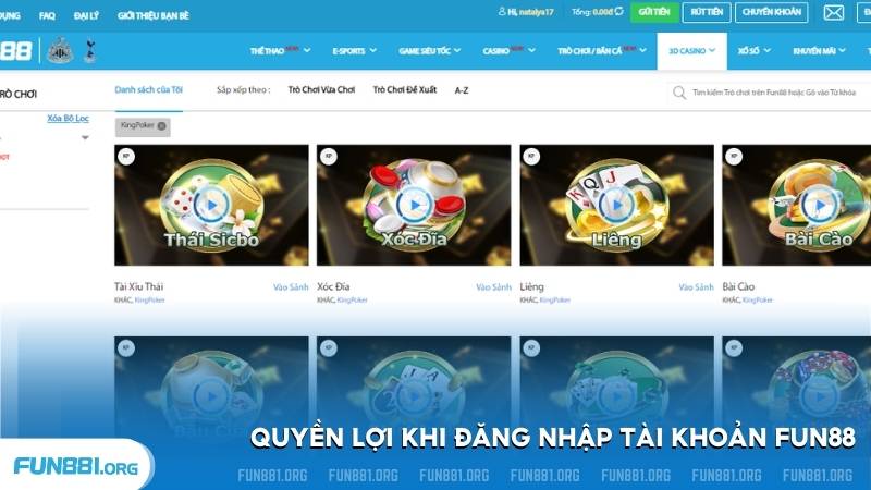 Quyền lợi khi đăng nhập tài khoản fun88